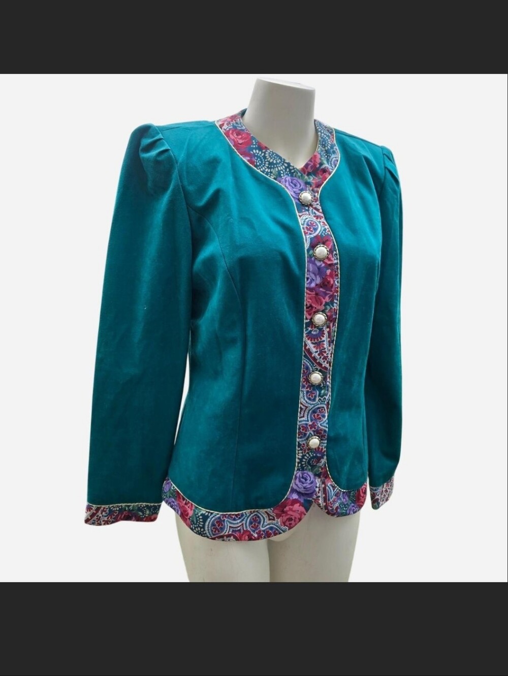 Retro Whimsygoth Another Thyme Teal Floral Paisley Trim Blazer Velvet